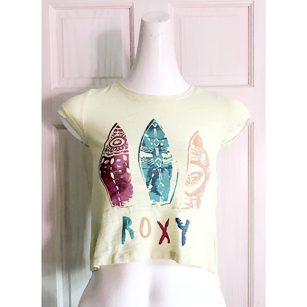 EUC | Roxy Girls Semi Cropped Hi-Low Tee Shirt | Yellow Surfboards | Size 7 XS